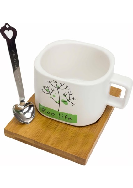 Hayat Ağacı Desenli Mıknatıslı Bambu Stantlı Gerçek Seramik Kahve Kupası Fincan Seti Kupa Mug 200 ml