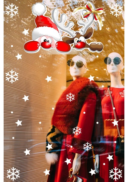 Sevimli Noel Baba ve Geyik Yılbaşı Vitrin Sticker Yapıştırma 70X70 cm