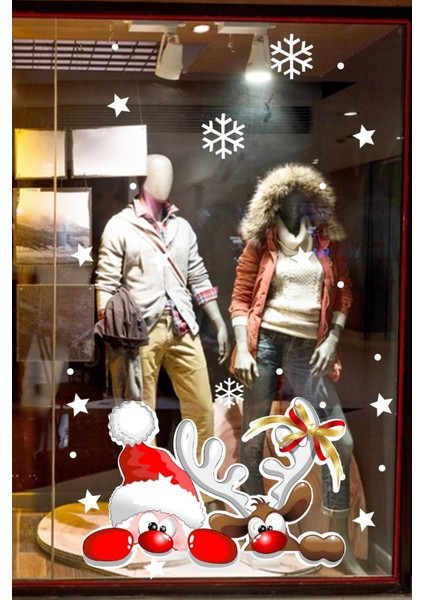 Sevimli Noel Baba ve Geyik Yılbaşı Vitrin Sticker Yapıştırma 70X70 cm