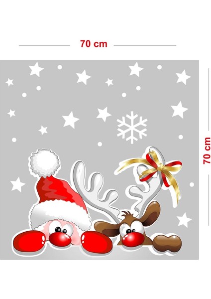 Sevimli Noel Baba ve Geyik Yılbaşı Vitrin Sticker Yapıştırma 70X70 cm