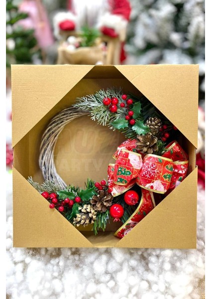 Yılbaşı Kapı Süsü 33X33 cm Yeni Yıl Karşılama Dekoru Christmas Çelengi Kapı Çiçeği Dekoratif Fiyonk