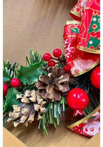 Yılbaşı Kapı Süsü 33X33 cm Yeni Yıl Karşılama Dekoru Christmas Çelengi Kapı Çiçeği Dekoratif Fiyonk