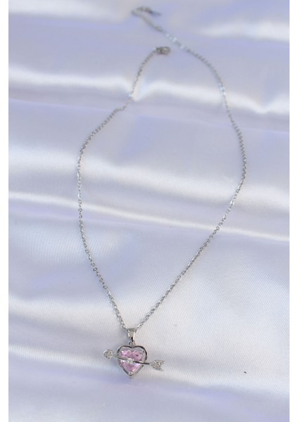 316L Çelik Zincir Gümüş Renk Pembe Zirkon Taşlı Eros Kolye - TJ-BKO8743