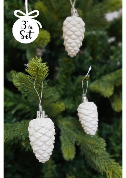 Beyaz Simli Kozalak Şeklinde Yılbaşı Ağacı Süsü Beyaz Kozalak Yılbaşı Ağaç Süsü 3lü Paket