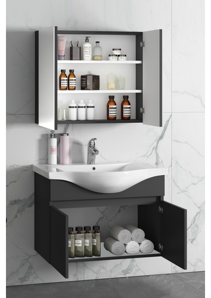 Yıldız 55+35 cm Antrasit Gri Mat Mdf Seramik Lavabolu Sepetli Asma Banyo Dolabı Takımı fiyatları