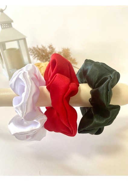 Toka Delisi Beyaz Kırmızı Koyu Yeşil 3lü Rahat ve Şık Scrunchie Saten Simit Toka, Yılbaşı Toka