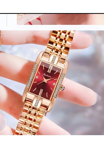 Lüks Taşlı Şık Dikdörtgen Moda Rose Kordon Red Kadran Kuvars Kol Saati