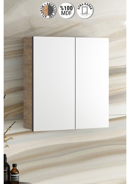 Çiğdem 65 cm Atlantik Çam-Antrasit Gri Mat Mdf Aynalı Asma Banyo Üst Dolabı