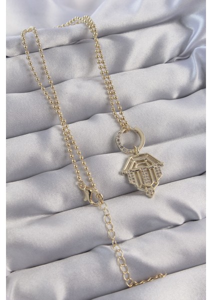 Pirinç Zirkon Taşlı Gold Renk Oval Detaylı Serenay Kolyesi - TJ-BKO8838
