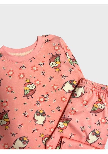 Kız Çocuk %100 Pamuklu Yavruağzı Baykuş Çiçek Desenli Uzun Kollu Kışlık Pijama Takımı