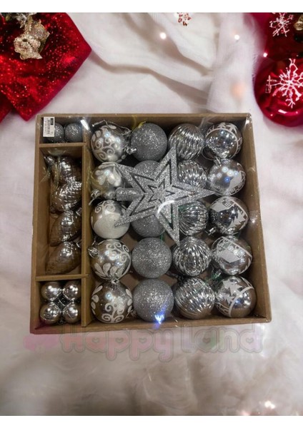 Yılbaşı Ağacı Süsü 40'lı Gümüş Renk Lüks Yılbaşı Topu Seti Kraft Kutulu Tepe Yıldızlı Top Seti