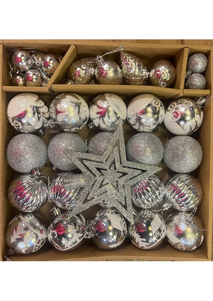 Yılbaşı Ağacı Süsü 40'lı Gümüş Renk Lüks Yılbaşı Topu Seti Kraft Kutulu Tepe Yıldızlı Top Seti fiyatları