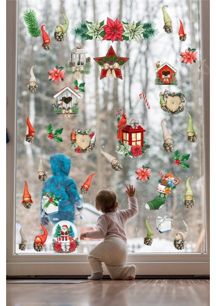 Renkli Bebek Elf'li Yılbaşı Sticker Seti, Ahşap ve Cam Duvar Dekoru, TR Menşei