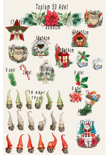 Renkli Bebek Elf'li Yılbaşı Sticker Seti, Ahşap ve Cam Duvar Dekoru, TR Menşei