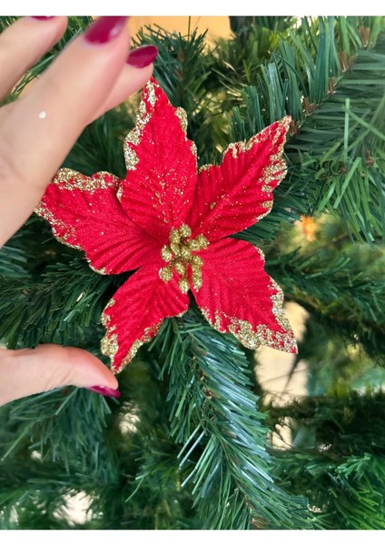 Yılbaşı Ağacı Kırmızı Kadife Simli Renk Lüks Çiçek Süs 15 cm 1 Ad - Yılbaşı Süsü