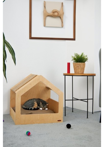 Demonte Ahşap Tırmalama Tahtalı Modern Kedi Evi