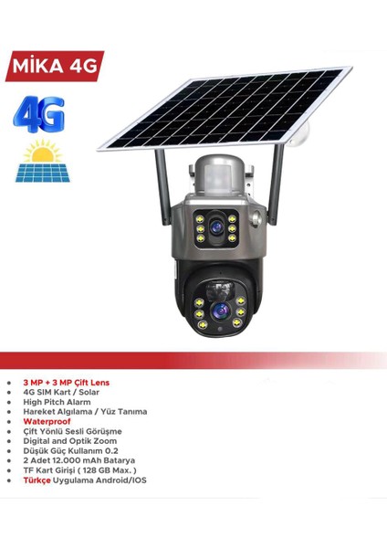 Mpia Mika 4g Ip Kamera 3 Mp + 3 Mp Çift Lens 4g Sim Kart / Solarlı Güneş Paneli Çift Yönlü Sesli Görüşme