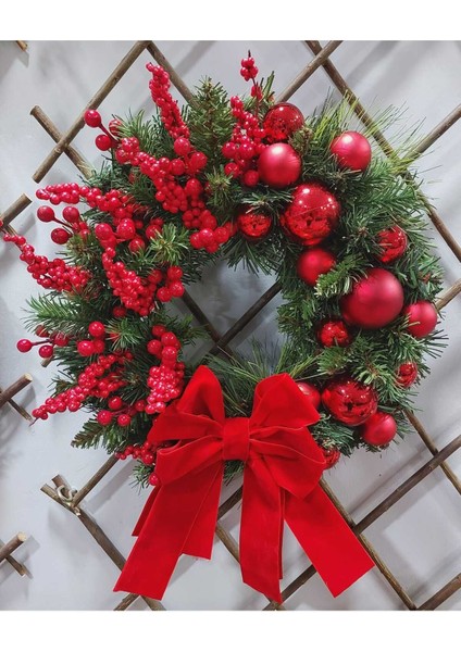 Yılbaşı Temalı Kapı Süsü Kırmızı Toplar 40 Cm, Noel, Yılbaşı Süsü, Kapı Çelenk, Ev Dekor,