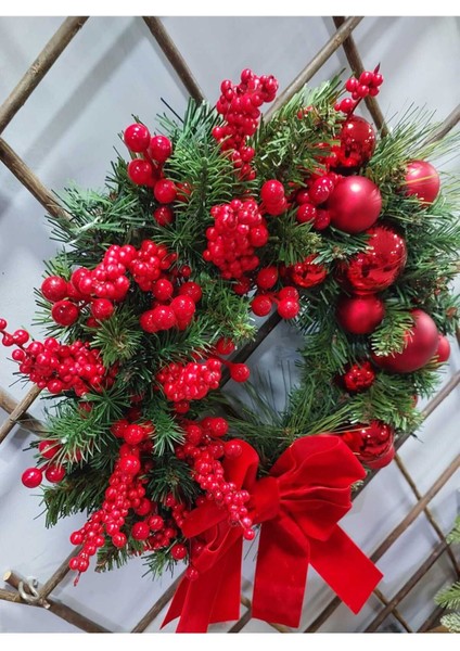 Yılbaşı Temalı Kapı Süsü Kırmızı Toplar 40 Cm, Noel, Yılbaşı Süsü, Kapı Çelenk, Ev Dekor,