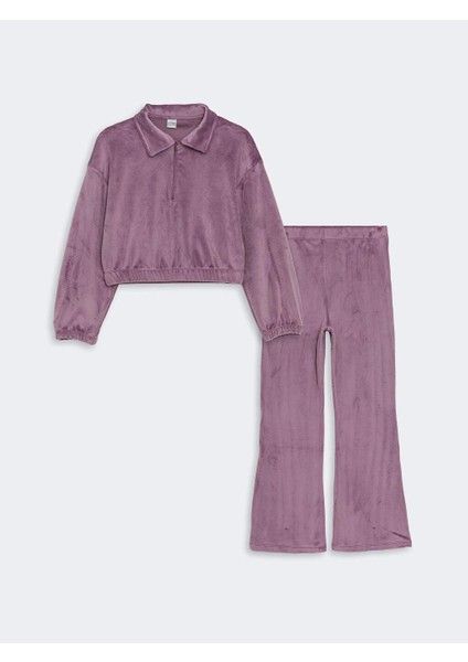 Polo Yaka Kadife Kız Çocuk Sweatshirt ve Tayt