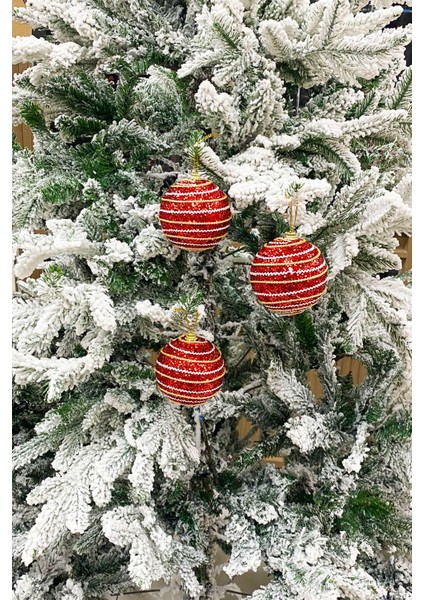 Yılbaşı Ağaç Topu Lüks Altın Beyaz Çizgili Simli 3 Adet 8 cm