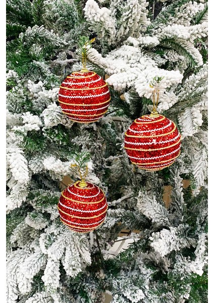 Yılbaşı Ağaç Topu Lüks Altın Beyaz Çizgili Simli 3 Adet 8 cm modelleri