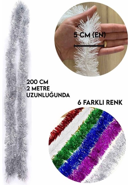 6’lı Renkli Yılbaşı Çam Süsü, 2m Tinsel Dekor, Simli Renkli 5cm Set modelleri
