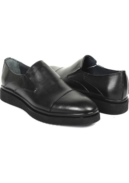 Deri Siyah Bağcıksız Rahat Tabanlı Erkek Oxford Klasik Ayakkabı