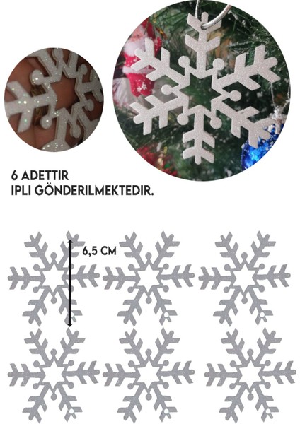 6'lı Simli Kar Tanesi Eva Yılbaşı Süsü, 7x7cm, Renk: Gümüş modelleri