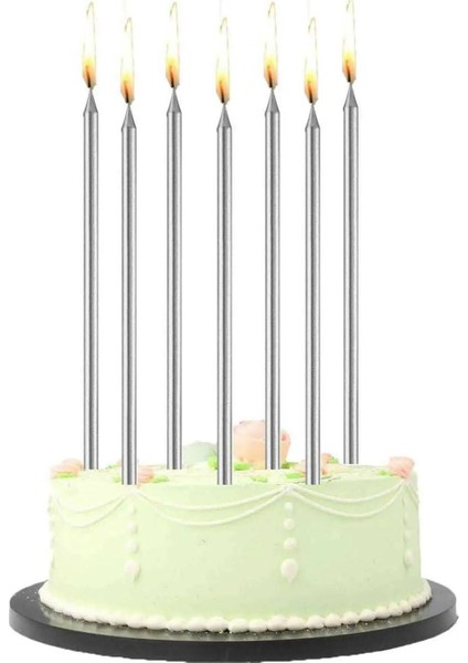 6 Adet Uzun Ince Gümüş Pasta Mumu 20 cm Parlak Gri Mum Mum Altlığı