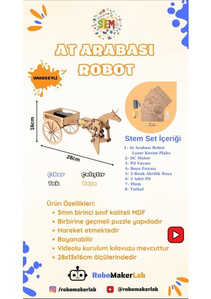 At Arabası Robot Hareketli Ahşap Mdf Eğitici Kendin Yap Stem Bilim Seti