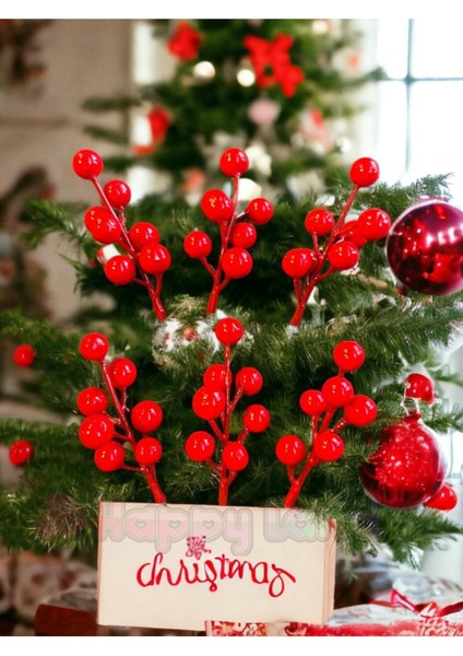 Kokina Kırmızı Berry Yılbaşı Ağaç Süsü 5 Adet 10 cm Yeni Yıl Kokina Süs Kiraz 5 Dallı