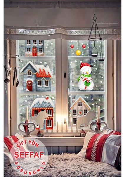 Çift Yönlü Kasabada Yılbaşı Sevinci Çocuk Bebek Odası Duvar Cam Pencere Sticker Seti