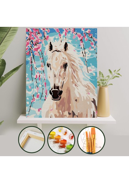 Sayılarla Boyama Tuval Seti Fırça Boya Dahil (Çıtalı) 40x50 CM - Beyaz At