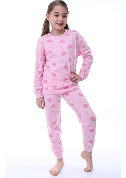 Pamuk Penye Kumaş Kalp Desenli Uzun Kollu Kız Çocuk Pijama Takımı 3,4,5,6,7,8 Yaş