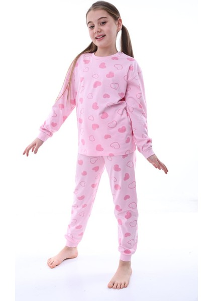 Pamuk Penye Kumaş Kalp Desenli Uzun Kollu Kız Çocuk Pijama Takımı 3,4,5,6,7,8 Yaş