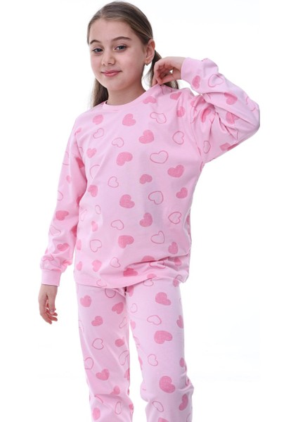 Pamuk Penye Kumaş Kalp Desenli Uzun Kollu Kız Çocuk Pijama Takımı 3,4,5,6,7,8 Yaş