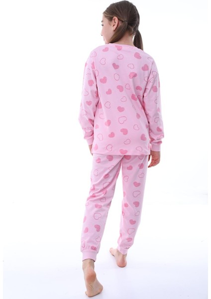 Pamuk Penye Kumaş Kalp Desenli Uzun Kollu Kız Çocuk Pijama Takımı 3,4,5,6,7,8 Yaş