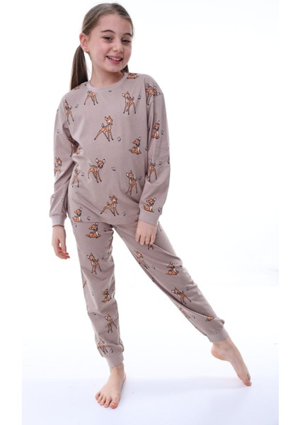 Pamuk Penye Kumaş Desenli Uzun Kollu Kız Çocuk Pijama Takımı 3,4,5,6,7,8 Yaş