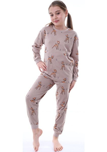 Pamuk Penye Kumaş Desenli Uzun Kollu Kız Çocuk Pijama Takımı 3,4,5,6,7,8 Yaş