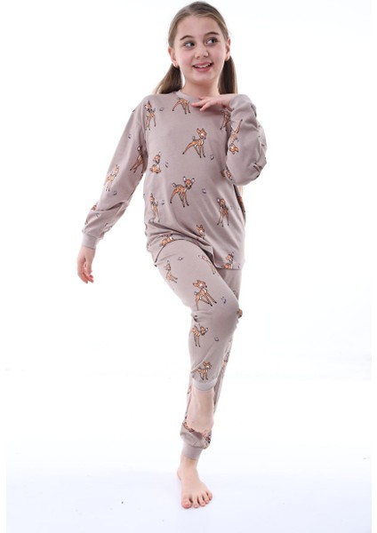 Pamuk Penye Kumaş Desenli Uzun Kollu Kız Çocuk Pijama Takımı 3,4,5,6,7,8 Yaş