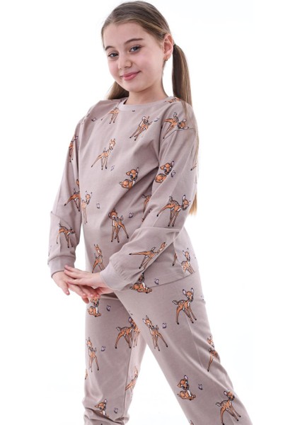 Pamuk Penye Kumaş Desenli Uzun Kollu Kız Çocuk Pijama Takımı 3,4,5,6,7,8 Yaş