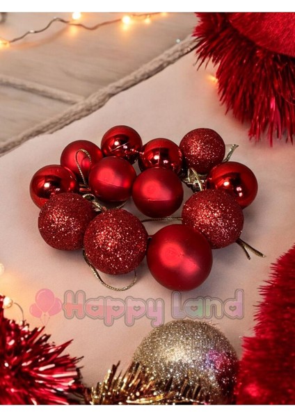 Yılbaşı Çam Ağacı Süsü 3 cm 12 Adet Mini Kırmızı Yılbaşı Topu Kırmızı Yılbaşı Topları