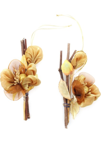 14CM 2 Adet Doğal Çalılı Dore Renkli Saten Kumaş Yılbaşı Çiçeği Ağaç Süsü