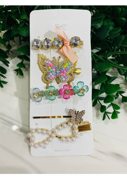 Yeni Kore Model Incili Taşlı Renkli Kalpli Kelebekli 5 Li Kadın Çocuk Toka Seti