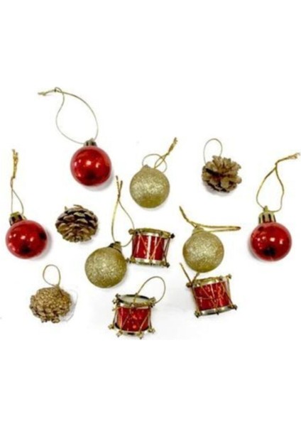 Yılbaşı Karışık Minik Ağaç Süsü Kırmızı Gold 12 Parça Figür Yeni Yıl Noel