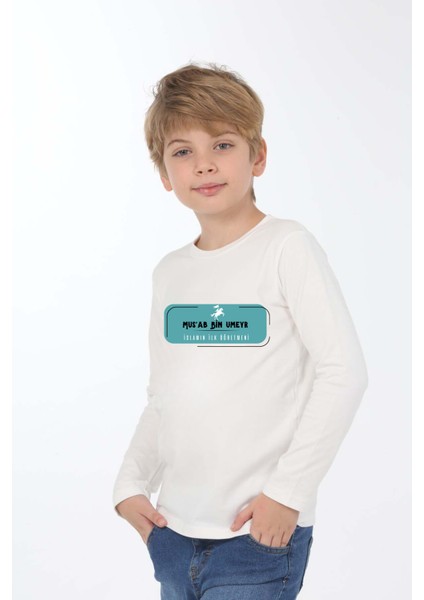 Erkek Çocuk Uzun Kollu Bisiklet Yaka Hz.musab Bin Umeyr Baskılı Tişört