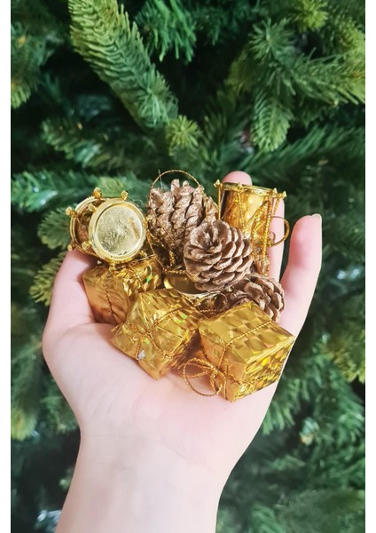 12'li Gold Kozalak Hediye Paketi Davul Şekilli Minik 3cm Yılbaşı Ağaç Süsleri modelleri