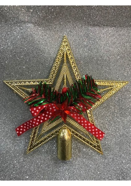 Yılbaşı Çam Ağacı Yıldız Tepelik Fiyonklu Gold 1 Adet 15 cm Plastik