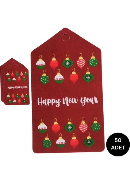 Yılbaşı Süs Küre Temalı Hediye Etiketi Yeniyıl Paketleme Kartı-Happy New Year 50 Adet 4 5x8 cm